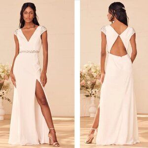 Lulu's Ivory Beaded Cap-Sleeve Maxi Dress